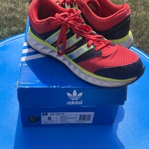 Adidas Red and Black Running Shoes with Lime Accents